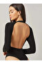 Women's Black Backless Crew Neck Long Sleeve Sandy Fabric Swimsuit Bodysuit Zıbın - 5