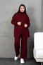 Women's Burgundy Knitted Motif Sweater and Pants 3-Piece Knitwear Set Bces-252031