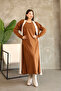 Women's Cinnamon Brown Crew Neck Dress and Cardigan Hijab Top and Bottom Set