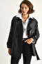 Women's Black Double Breasted Collar Belted Lined Short Faux Leather Trench Coat 2485 60281111 - 4
