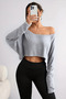 Women's Gray Melange Off-Shoulder Boat Neck Oversize Long Sleeve Crop T-Shirt