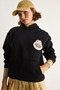Women's Black Embroidered Hooded Sweatshirt with Kangaroo Pocket 6045 60284098