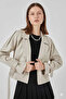 Women's Beige Double Breasted Collar Belted Lined Short Trench Coat Hzl25W-Bd159701 - 3