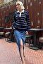 Navy Blue Striped Polo Neck Women's Sweater Mg2476 - 6