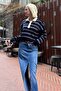 Navy Blue Striped Polo Neck Women's Sweater Mg2476 - 5