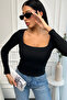 Women's Black Square Collar Ribbed Knitted Blouse