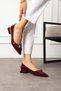 Burgundy Patent Leather Gold Buckle Pointed Toe Low Block Heel Women's Ballerina Shoes - 2