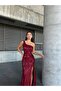 Women's Red Velvet Fabric One-Shoulder Slit Back Detail Lined Sequined Maxi Evening Dress - 3