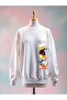 Cat Printed Cotton 3 Yarn Oversized White Sweatshirt