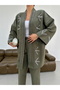 Women's Front Sleeves with Embroidered Details Kimono Pants Set