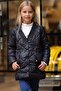 Girl's Puffer Jacket with Stripe Collar and Square Stitching Detail on Top, Pockets, Snap Buttons, Inflatable Black Coat - 2
