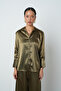 Women's V-Neck Khaki Color Plain Satin Gold Button Shirt