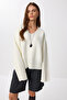 Oversize V-Neck Soft Knitwear Sweater Lns0081 Ekru - 2