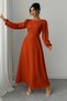 Brick Red Pearl Detail Round Neck Princess Sleeve Waist Cutout Self-Tie Crepe Dress