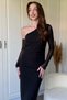 One Shoulder Stone Black Tulle Sleeve Midi Dress - 2