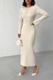 Women's Beige Long Sleeve Stylish Elegant Midi Length Knitwear Dress (Size S/M) - 6