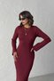 Women's Burgundy Long Sleeve Stylish Elegant Midi Length Knitwear Dress (S/M) - 5