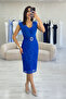 Women's Cobalt Blue Lace Detail Pencil Shape Belted Evening Dress - 6