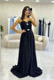 Women's Black Stone Bronch Detail Strapless Chiffon Slit Evening Dress