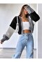 Women's Loose Fit Off Shoulder Three Color Block Cardigan Sweater Glz046