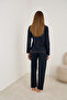 Navy Blue Long Sleeve Pajama Set with Rose Accessories 7939 - 3