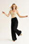 Women's Black Belted Elastic Waist Comfortable Cut Palazzo Linen Trousers