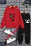 Children's Unisex "Bear Patched Red Black” Special Printed Hooded Tracksuit Set
