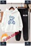 Children's Unisex Custom Printed Hoodie and Sweatpants Set with the Text: "Bear Blue Striped Bottom Written on the Bottom".