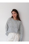 Una Fiaba-Gri Oversize Women's Crew Neck Soft Textured Argyle Pattern Knit Sweater - 4
