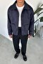 Navy blue suede fabric button detailed relaxed jacket
