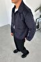 Navy blue suede fabric button detailed relaxed jacket - 3