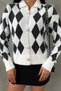 Women's Colorful Diamond Patterned White Knit Cardigan with Gold Pearl Detail and Buttons