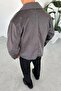 Gray Suede Fabric Relaxed Jacket with Button Detail - 3