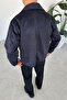 Navy blue suede fabric button detailed relaxed jacket - 4