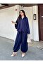 Satin Gathered Pleated Bumber Jacket Pants Set 3015 - Navy Blue