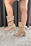 Women's Nomire Beige Suede Drawstring Pointed Toe Thick Heeled Boots - 5