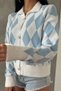 Women's Colorful Diamond Patterned White Knit Cardigan with Gold Pearl Detail and Buttons - 4