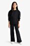 E8293 Black Girls' Wide Leg Waffle Wide Leg Pants - 4
