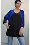 Black V-Neck Indigo Color-Blocked Batwing Three-Quarter Sleeve Combed Viscose T-Shirt - 3