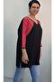 Black V-Neck Red Color-Blocked Bat Three-Quarter Sleeve Combed Viscose T-Shirt - 4