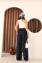 Women's Navy Blue Pleated High-Waist Palazzo Pants - 3