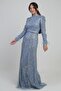 Women's Long Dress with Feather Sleeves, Beaded and Sequined Lining, Tulle - 3