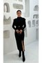 Long Sleeve Belted Slit Knitted Crepe Dress