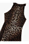 Crepe Fabric Sleeveless Halter Neck Midi Length Leopard Print Dress - 4