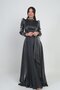 Women's Draped Front Flounce Detailed Lined Sleeves Feathered Griter Chiffon Long Flared Dress - 3