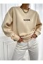 Maine Winter Thick Sweatshirt - Beige Printed Oversize Ribbed Crew Neck