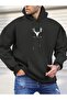 3 Thread Deer Logo Sweatshirt - Black Printed Oversize Hoodie