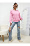 Powder Pink Thick Sweatshirt - Oversize Ruffled Crew Neck - 3