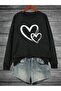 Hearts Design Sweatshirt - Black Printed Oversize Raised Crew Neck