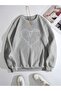 3 İplik Beauty Striped Heart Winter Thick Sweatshirt - Gray Printed Oversize Ruffled Crew Neck